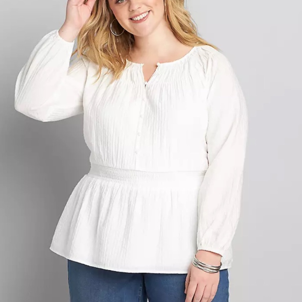 Lane Bryant Textured Shirred Waist Peplum Top White 16